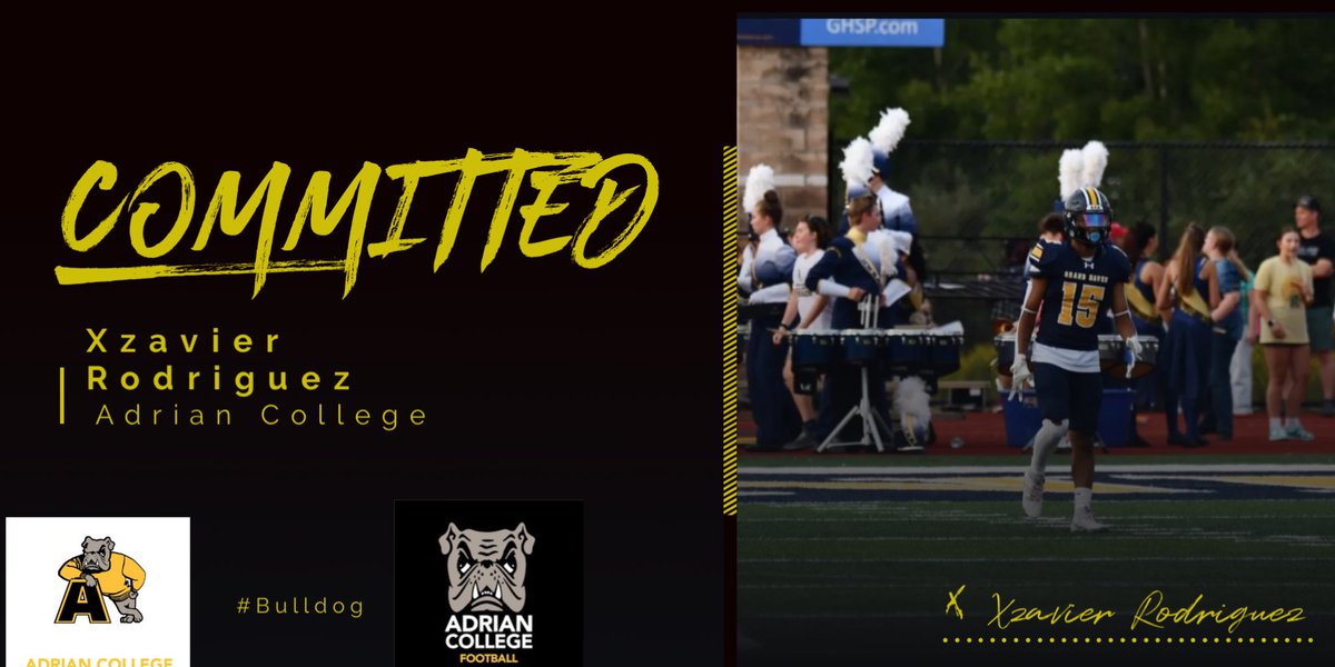 Xzavier Rodriguez (@xzavier1513) on Twitter photo Blessed to say I have committed to Adrian to continue my football career ! I want to thank everyone who has been on this journey with me. I’m very excited for these next steps.
<a href="/JebPalka/">Jeb Palka</a> <a href="/Coach_Palka/">Joe Palka</a> <a href="/AdrianCollegeFB/">Adrian College Football</a> <a href="/coachbieds/">Andrew Biedenbender</a> <a href="/daksmith22/">Dakota Smith</a> <a href="/CoachCarsonWR/">Nate Carson</a> <a href="/mikefarley3624/">Mike Farley</a> Blessed to say I have committed to Adrian to continue my football career ! I want to thank everyone who has been on this journey with me. I’m very excited for these next steps.
<a href="/JebPalka/">Jeb Palka</a> <a href="/Coach_Palka/">Joe Palka</a> <a href="/AdrianCollegeFB/">Adrian College Football</a> <a href="/coachbieds/">Andrew Biedenbender</a> <a href="/daksmith22/">Dakota Smith</a> <a href="/CoachCarsonWR/">Nate Carson</a> <a href="/mikefarley3624/">Mike Farley</a>