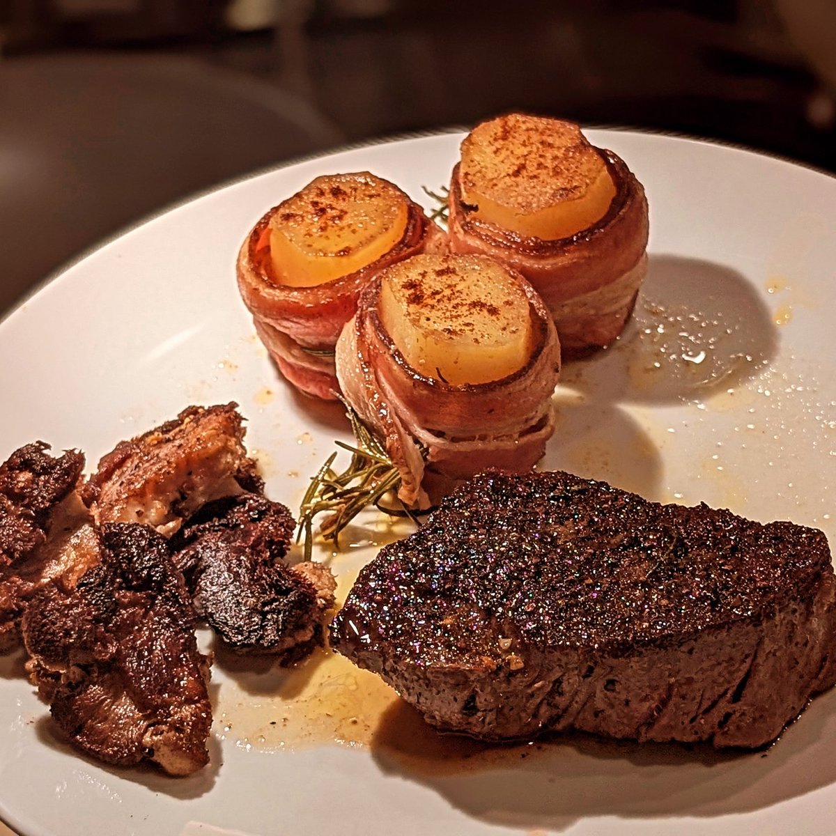brysonbort's tweet photo. Bacon wrapped potatoes fondant with smoked chipotle, lions mane (@TheOnlyMike_E inspiration), and sous vide filet mignon. 🦄👨🏻‍🍳 #unicornchef https://t.co/Sq6lj35cme