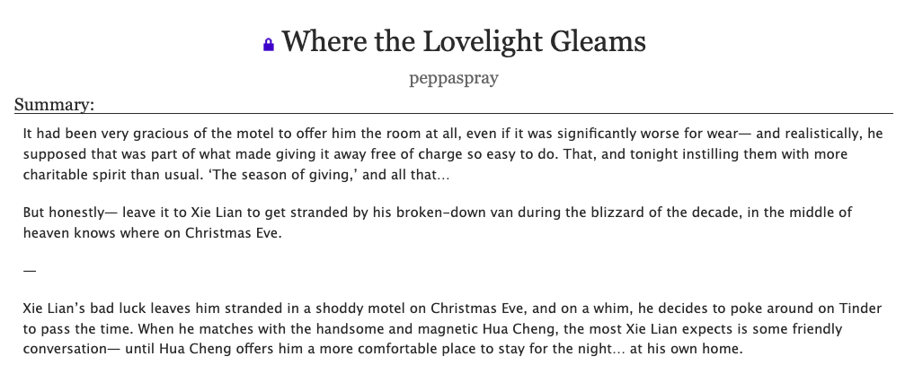 _peppaspray's tweet photo. 🎄Where the Lovelight Gleams🎄
for @/tiiracotta

❄️G, 17k, Modern AU Meetcute
❄️Fluff, Falling in Love, Strangers to Lovers Speedrun
❄️Hualian out here makin the yuletide GAY
❄️what if we met on Tinder &amp; learned the true meaning of christmas together.. lol jk... unless👀

🔗⬇️‼️ https://t.co/ygMt5s6mqB