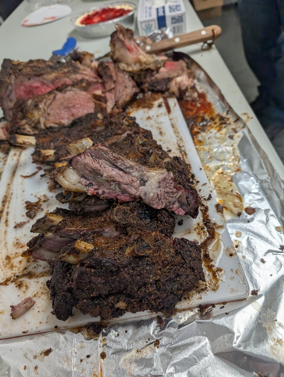 UPDATE:
Pulled at 125internal. It took 3.5hrs @ 250 and 1.5hrs @ 375. I cut the ribs off the roast 1.5hrs before lunch and seasoned both before putting them back on the smoker. Both came out delicious.