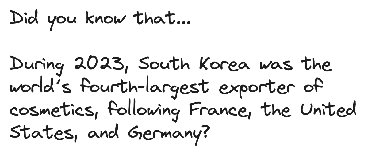 HarryShin16's tweet photo. Did you know that... 

During 2023, South Korea was the world’s fourth-largest exporter of cosmetics, following France, the United States, and Germany?

#KBeauty #KPOP #Cosmetics #IndieHackers #buildinpublic #SouthKorea #KoreanWave https://t.co/8g9ZArCG4v