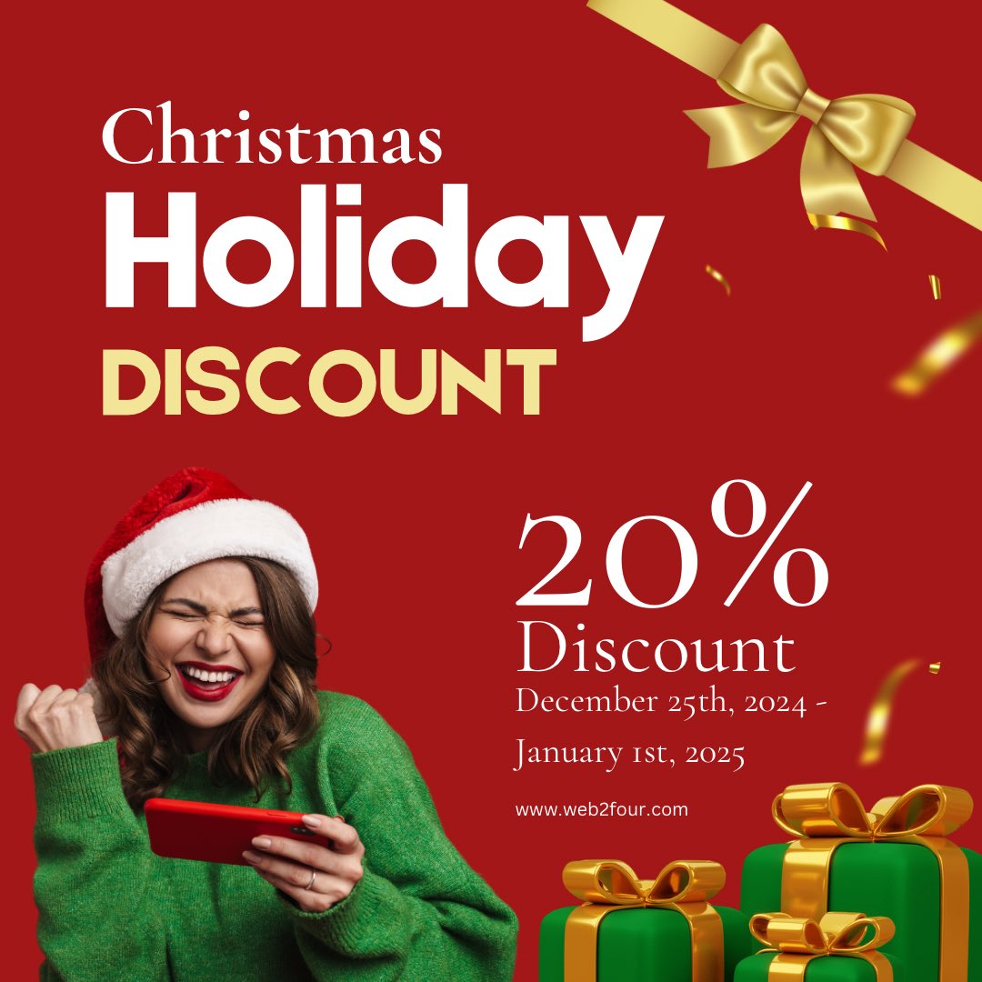w2flearning's tweet image. 🎄✨ **Special Holiday Offer!** ✨🎄

Enjoy an exclusive 20% discount on all services from December 25th to January 1st! Enhance your digital presence with our premium web design, development, and more.

📧 Email: info@Web2Four.com

Don’t miss out! 🌟