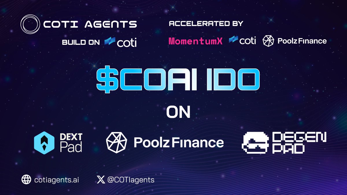COTI Agents (@cotiagents) on Twitter photo GET READY FOR THE COAI IDO
We’re thrilled to announce that $COAI will be live on 3 IDO platforms:
1️⃣ <a href="/Poolz__/">Poolz Finance | We’re Hiring!</a>: A leading decentralized fundraising platform.
👉 Register: poolz.finance/project-detail…
2️⃣ <a href="/DEXTPad/">DEXTPad</a>: An official launchpad by DEXTools.io - revolutionizing GET READY FOR THE COAI IDO
We’re thrilled to announce that $COAI will be live on 3 IDO platforms:
1️⃣ <a href="/Poolz__/">Poolz Finance | We’re Hiring!</a>: A leading decentralized fundraising platform.
👉 Register: poolz.finance/project-detail…
2️⃣ <a href="/DEXTPad/">DEXTPad</a>: An official launchpad by DEXTools.io - revolutionizing