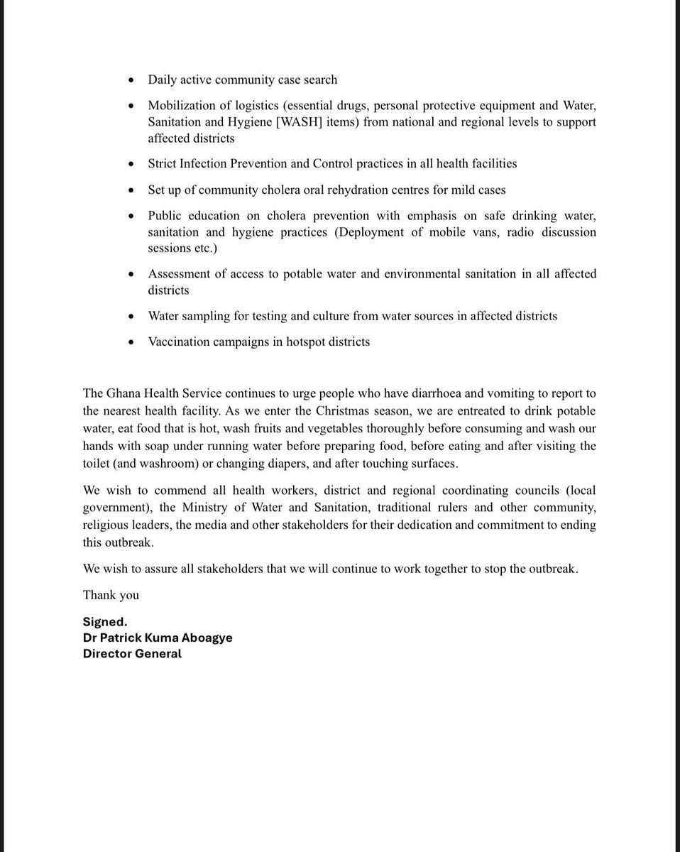 ❗️PRESS RELEASE ❗️
Updated Press Release on Cholera Situation in Ghana, December 2024

As we celebrate Christmas, let us prioritize proper hand hygiene, consume hot meals, drink safe water, and thoroughly wash all fruits and vegetables before use.