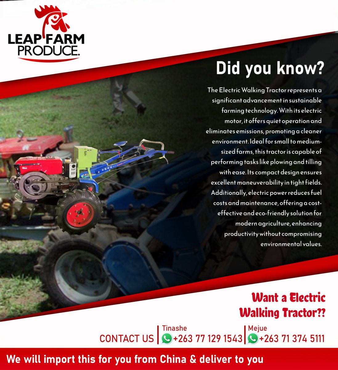 LeapFarmProduce's tweet image. 🚜 Go green with our Electric Walking Tractor! Model 101B, 12hp, perfect for any farm task—till, plow, and more with ease. Eco-friendly with a top-calibrated speed at your fingertips. 🌾 Ready to upgrade? Chat with us on WhatsApp for details! #EcoFarming #ElectricTractor