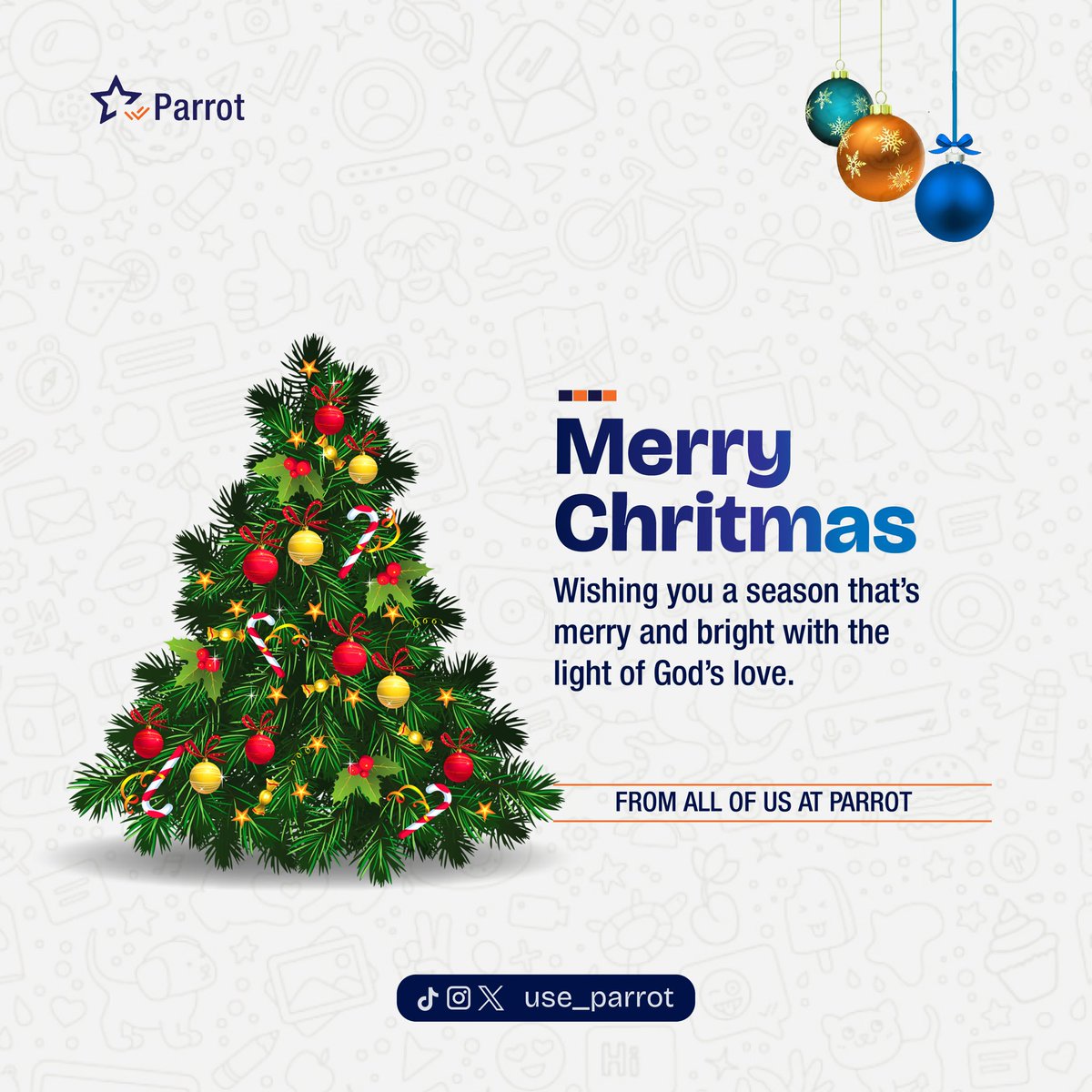 use_parrot's tweet photo. Merry Christmas from all of us at Parrot! 🎁🎄

This Christmas, share your reviews and help others find the best gifts, places, and experiences. Let’s make the season brighter together!✨

Wishing you a joyful and merry day. ❤️
#MerryChristmas #UseParrot #AskParrot #TellParrot https://t.co/021iNzrJ33