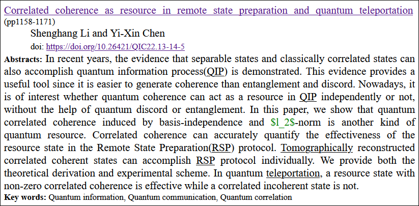 Journal_QIC's tweet photo. 😍#call4reading
✍️Correlated #coherence as resource in remote state preparation and #quantum teleportation #by Shenghang Li and Yi-Xin Chen
🔗10.26421/QIC22.13-14-5
#Quantuminformation
#Quantumcommunication
#Quantumcorrelation https://t.co/7nFUscdl5L