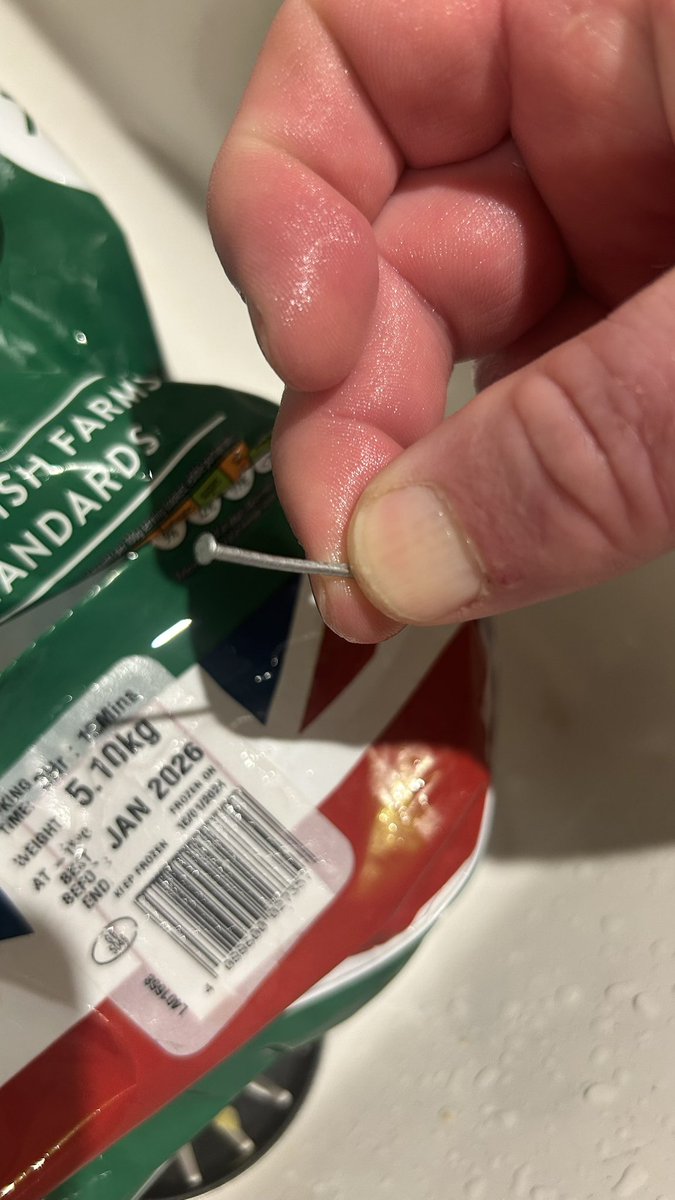 For anyone who purchased a frozen <a href="/AldiUK/">Aldi Stores UK</a> Turkey - please be vigilant, this nail was found in our packaging after we defrosted it😳😳😱