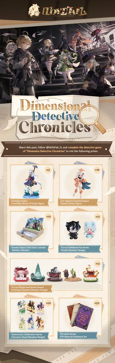 HoYoFair_0's tweet image. The HoYoFair 2025 New Year "Dimensional Detective Chronicles" Genshin Impact Fan Art Special Program is about to begin. We have prepared some gifts for you all (see the image below for details)!
Share this post, follow @HoYoFair_0, and complete the detective game of "Dimension…