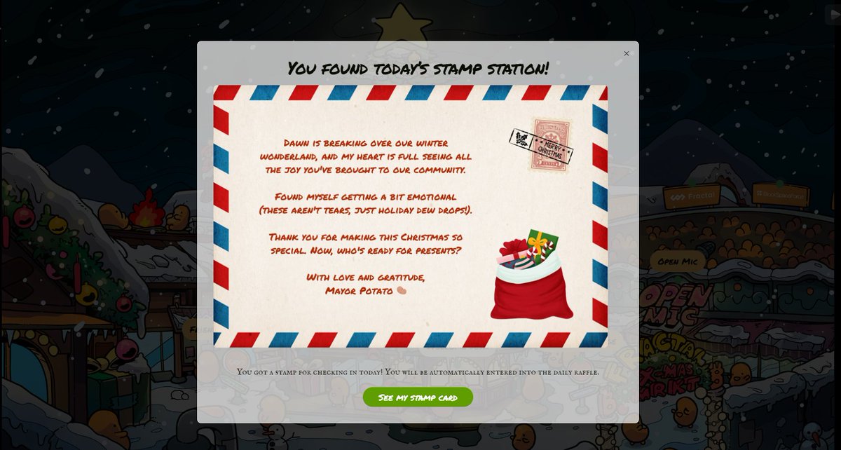 𝐂𝐇𝐄𝐂𝐊-𝐈𝐍 𝟏𝟐‼ 𝐅𝐄𝐒𝐓𝐈𝐕𝐀𝐋 𝐍𝐀𝐕𝐈𝐃𝐄𝐍̃𝐎 #𝐅𝐑𝐀𝐂𝐓𝐀𝐋 🪙🎅

Hola CriptoHunters, este es el check-in N°12 que estaba escondido en el papa noel 🎅🥔

Gracias a <a href="/RulyVR/">Ruly (Ø,G)</a> por el escondite de hoy, este fue el ultimo del festival. Feliz Navidad!!🎄