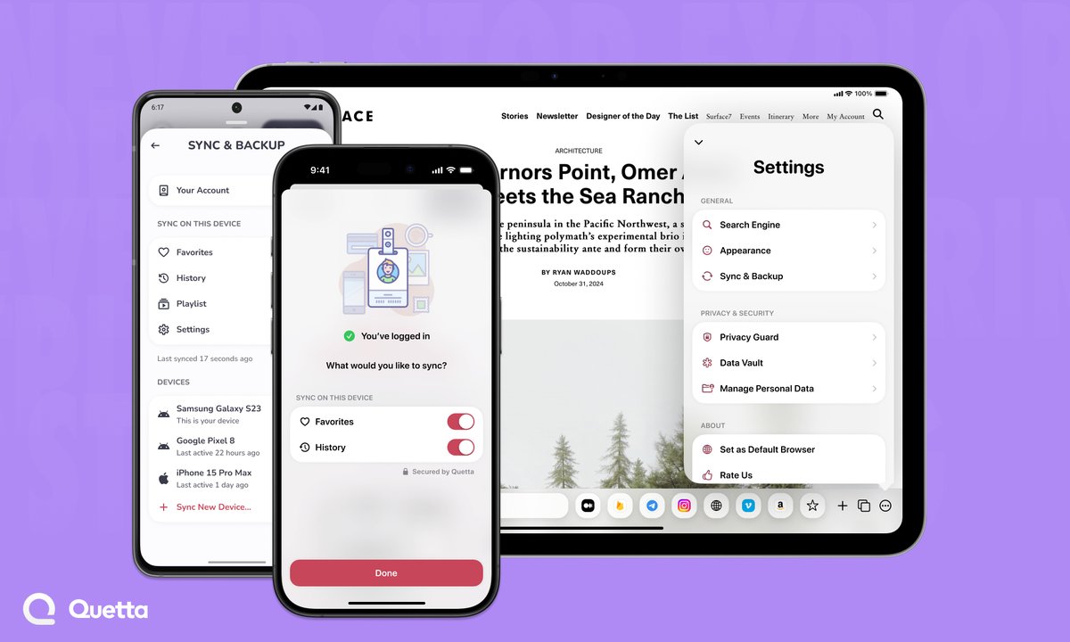 QuettaBrowser's tweet image. Sync your favourites and browsing history effortlessly between iOS and Android! 🌟 
Update to the latest Quetta Browser and enjoy seamless browsing on all your devices. 📱✨ #QuettaBrowser #SyncFeature