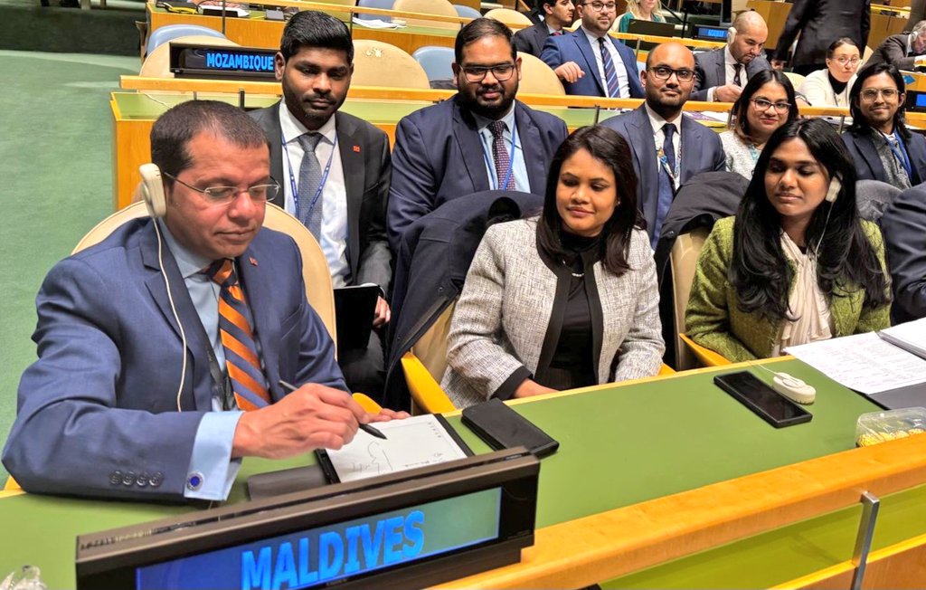 MVPMNY's tweet image. The Maldives delegation led by @AlinyMohamed attended the plenary meeting that marked the successful conclusion of the main part of #UNGA79. The meeting also adopted reports of the #FifthCommittee, and a number of plenary resolutions.