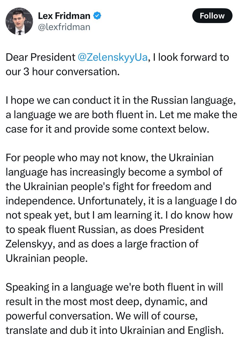 This was an absolutely bizarre request. It's like interviewing De Gaulle in 1942 and asking him if he'd conduct the conversation in German.
