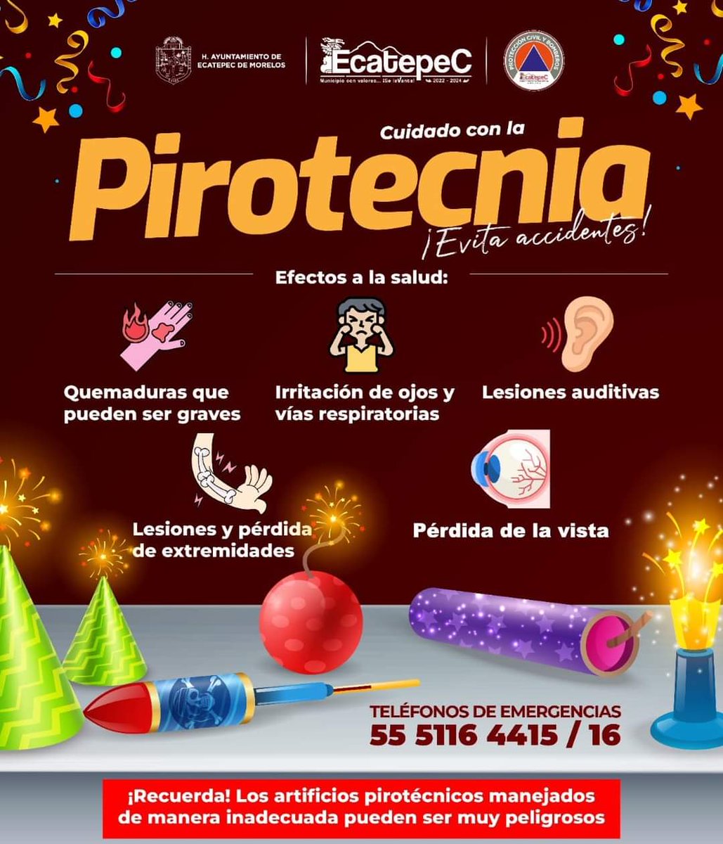 Cuida de ti y los tuyos en estas fiestas decembrinas, protege a los más pequeños y las mascotas. 🐶👶🏼 Evitemos accidentes de fatales consecuencias y no olvides realizar el reporte ante cualquier emergencia a nuestros números directos 55 5116 44-15 y 16. 🚨
Las 24 horas del día.