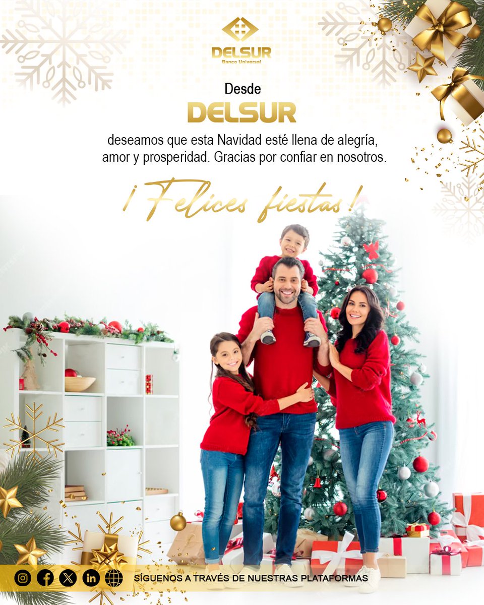 ¡Feliz Navidad! 
En esta temporada de alegría y esperanza, que la luz de la Navidad ilumine tu camino y el de tus seres queridos. Regala sonrisas, comparte amor y celebra la unión #DELSURBanco, te deseamos unas fiestas llenas de felicidad y prosperidad #FelizNavidad #Navidad24
