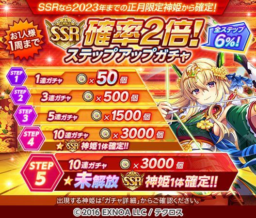 SSR確率2倍！正月神姫確定ステップアップガチャ』を開催したのじゃ