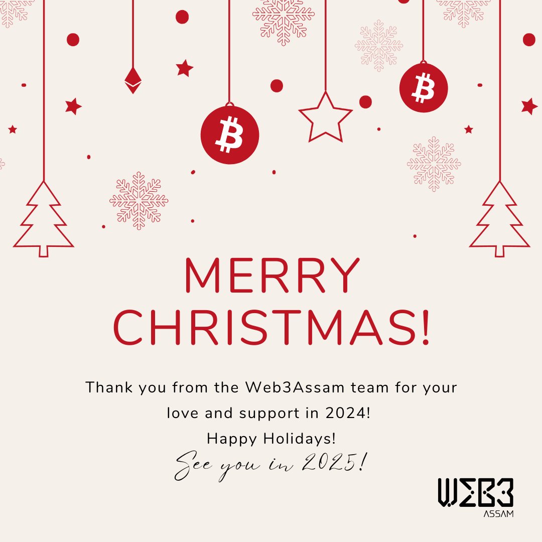 Web3Assam's tweet photo. As we wrap up an incredible year in the world of #Web3, we want to take a moment to express our heartfelt gratitude to each and every one of you who has been part of this journey. Your passion, support, and engagement have made #Web3Assam a thriving community, and we couldn’t be more thankful for the love and energy you've brought to the table. 🙏✨
As we look forward to 2025, we're excited to continue growing, learning, and innovating together with all of you. Let's make the new year even more impactful!
Wishing you all a joyful Merry Christmas filled with peace, love, and endless possibilities. 🌟 Here's to a brighter, more decentralized future! 🚀
Thank you once again for your unwavering support. See you in 2025! 🎉
#Christmas2024 #CommunityLove #Blockchain #Innovation #HappyHolidays #Gratitude #Web3Community