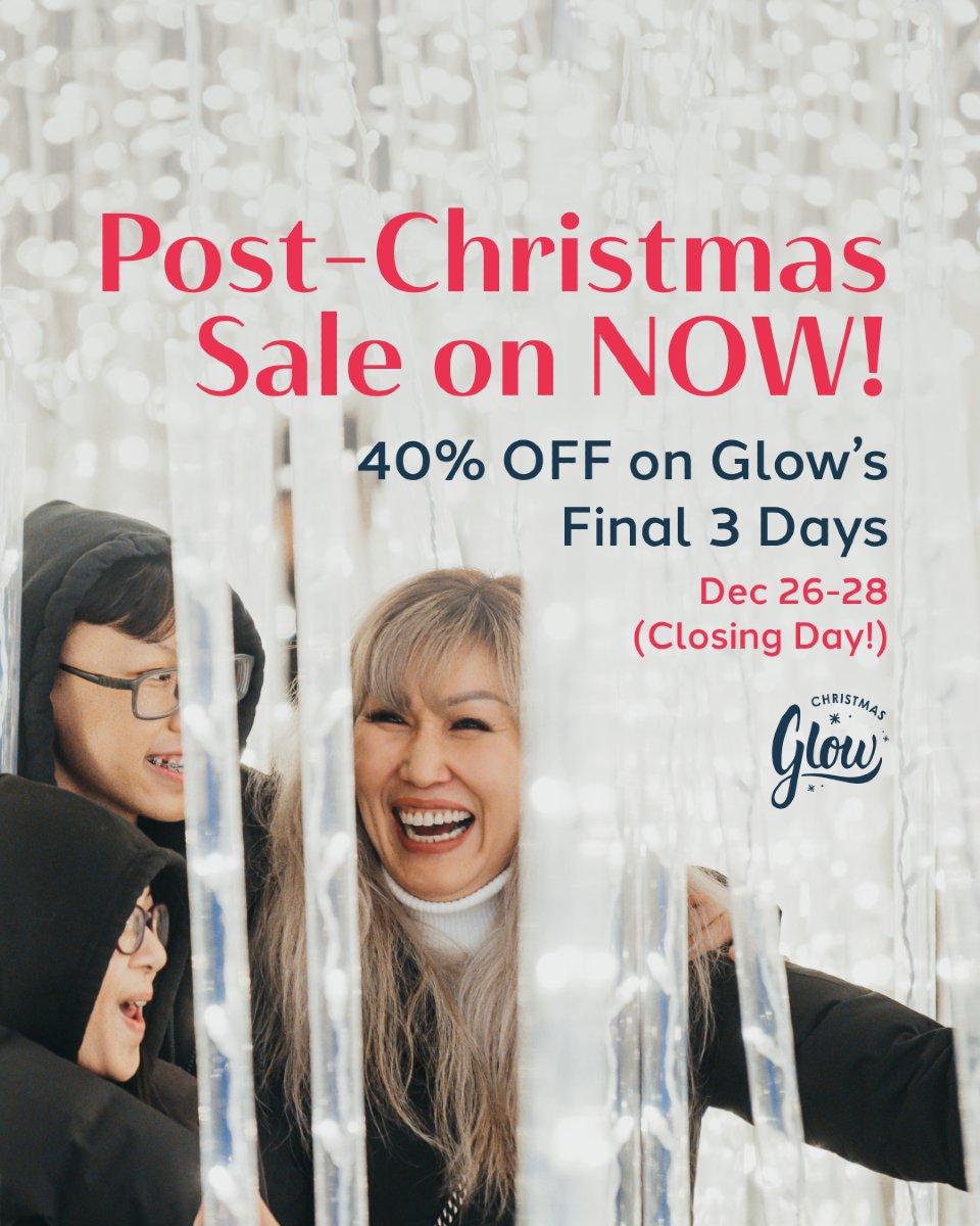 Glow’s Post-Christmas Sale is your final chance to save 40% OFF tickets for our last 3 days—December 26, 27, and 28! 🌟

✨ Use code JOLLY to plan the ultimate holiday outing before Glow closes on December 28.

Explore mesmerizing lights, whimsical displays, and enchanting