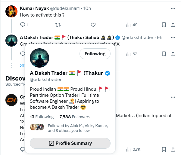 VivekSteyn's tweet photo. @adakshtrader @dudekumar1 It's free. You just have to click on the profile summary at the bottom to get the info from Grok. https://t.co/t8GlTQTxDY