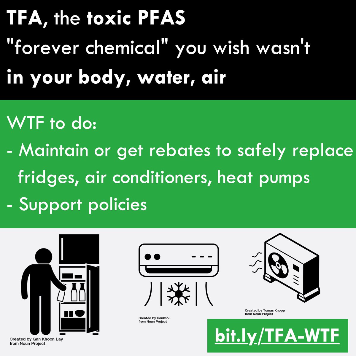 Whether you’ve been naughty or nice, you deserve free money for a less toxic fridge, heat pump, or air conditioner with no trifluoroacetic acid (TFA), a toxic PFAS.

Some rebates end this year.

You deserve safer policies too.

Collect them all at bit.ly/TFA-WTF!