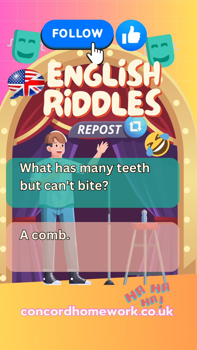 concordhomework's tweet image. English jokes like this one are perfect for learning and laughing at the same time! Did you guess ‘a comb’?#LearnAndLaugh #EnglishJokes #LanguageHumor 
#EnglishJokes #LearnEnglish #LanguageFun #Wordplay #EnglishTips #JokeOfTheDay #LanguageLearning