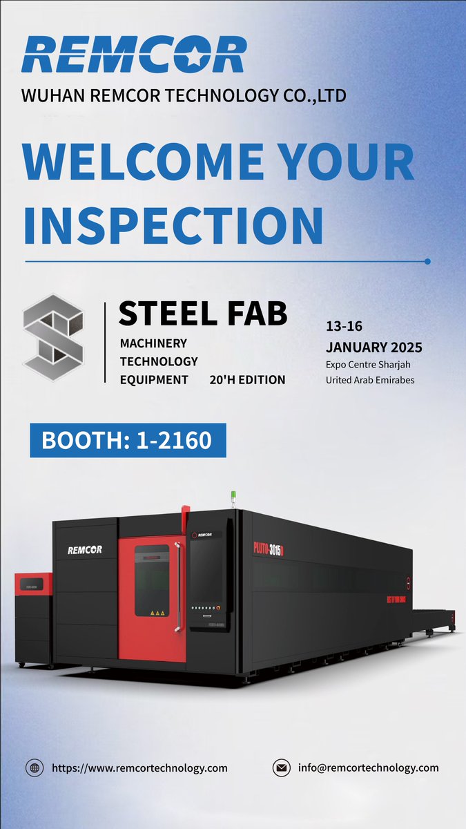 We hashtag#REMCOR would like to invite you to attend Dubai exhibition during Jan 13-16th Steel Fab
Booth No: 1-2160 
​Thanks 
#fiberlasercuttingmachine #cncswisslathe #cncswiss #coilpunching #cncswisstypelathe #coilfedpunching #steelfab #Remcortechnology
