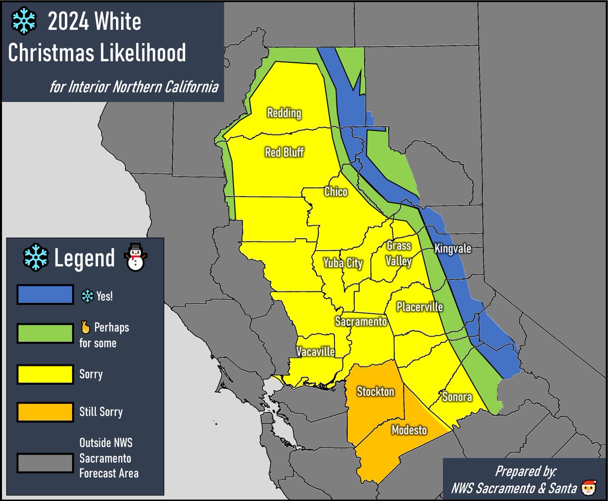 NWSSacramento's tweet photo. 🎅Santa took some time out of his very busy schedule this evening, and assisted our forecasters with a White Christmas Outlook for Interior NorCal.
Here's what the team came up with.
(A White Christmas is defined as 1" of snow on the ground at Christmas morning. #CAwx #CAsnow) https://t.co/IMjAUSJ87Y