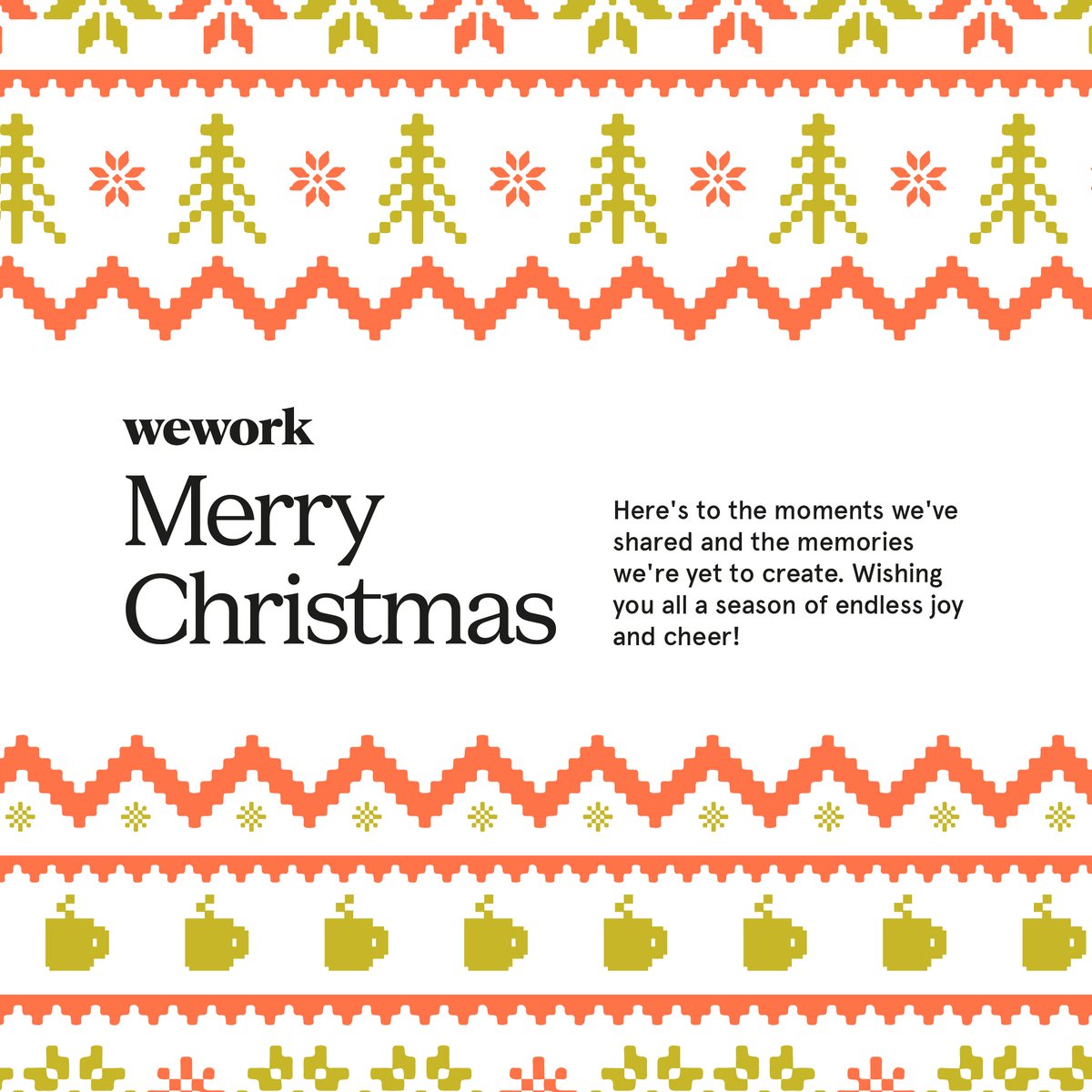 May your holidays be filled with warmth, laughter and all the little joys that make this season magical. Merry Christmas!

#WeWork #WeWorkIndia #FlexibleWokspaces #MerryChristmas
#Christmas2024