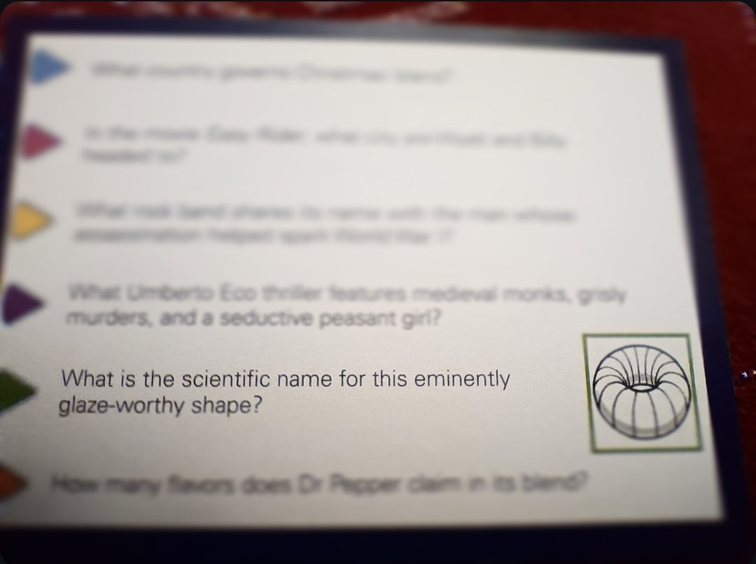 Got this card in Trivial Pursuit and will unfortunately be thinking of the phrase "eminently glaze-worthy" for the rest of my life