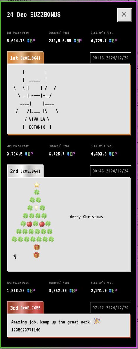 ⚡️⚡️⚡️Yesterday's #BuzzBonus was an electrifying 265266 $BP

[Quote from 0x83…9641 - ❤️5,604.75 $BP ❤️: | | | _____ | \ \ | | / / \ _ |_————|—__/ ____| |____ / /|____ |\ \ / VIVA LA \ | BOTANIX |]
---
⨮⩩⨮ Bet on Slogain, amplify your voice, and grab your slice of the pie!