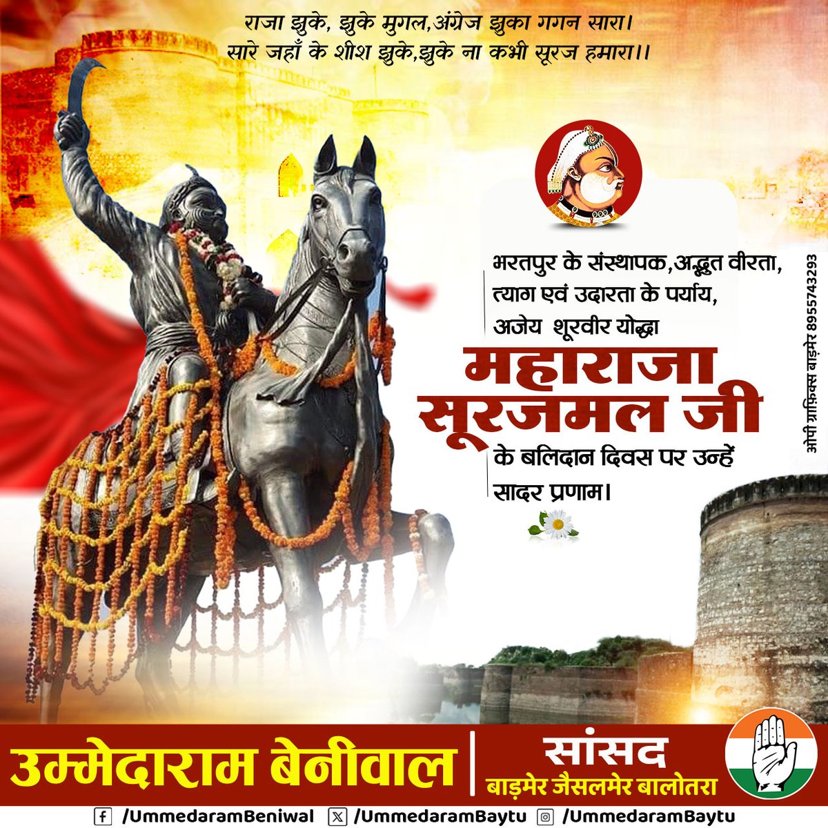 राजा झुके, झुके मुगल-अंग्रेज, झुका गगन सारा।
सारे जहां के शीश झुके, झुका ना कभी सूरज हमारा।।

राजस्थान की वीरभूमि के अजेय महायोद्धा,कुशल प्रशासक, युग पुरुष महाराजा सूरजमल जी के बलिदान दिवस पर उन्हें सादर प्रणाम एवं नमन। 
महाराजा सूरजमल जी का योगदान हमारी वीरता और संघर्ष की