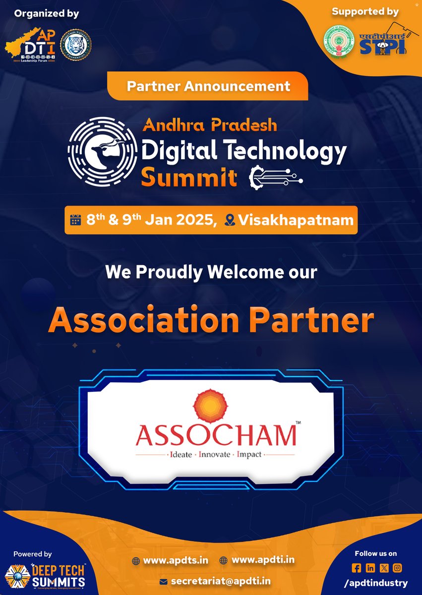 apdtindustry's tweet image. We are thrilled to announce @ASSOCHAM4India as #AssociationPartner for AP Digital Technology Summit 2025 (#APDTS25) in #Visakhapatnam 

𝐑𝐞𝐠𝐢𝐬𝐭𝐞𝐫 𝐚𝐭: apdts.in/register/ 

#DigitalTechnologySummit #TechSummit #Vizag #Digital #Digitaltech #APDTI