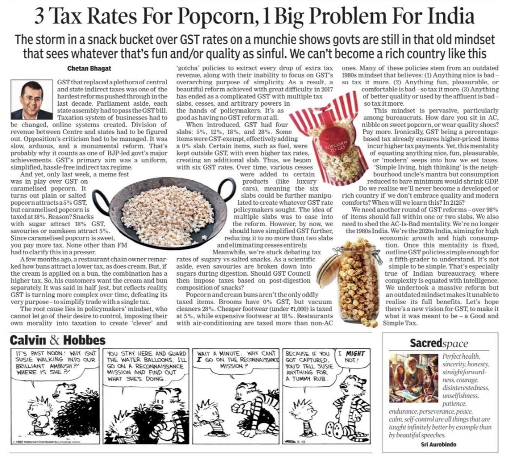 chetan_bhagat's tweet photo. Hi all,

“3 tax rates for Popcorn, 1 big problem for India.”
My column in TOI today.

Do read and share! https://t.co/kYITR7N6io