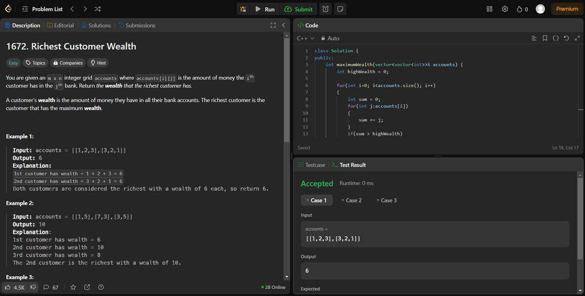 arav_mahind's tweet image. #Day14 of #30daysProductivityChallenge    
 
-- 📍Solved array related question  
-- 💻Leetcode  
     - 1672. Richest Customer Wealth

 #100DaysOfCode #buildinpublic #dsa #LeetCode