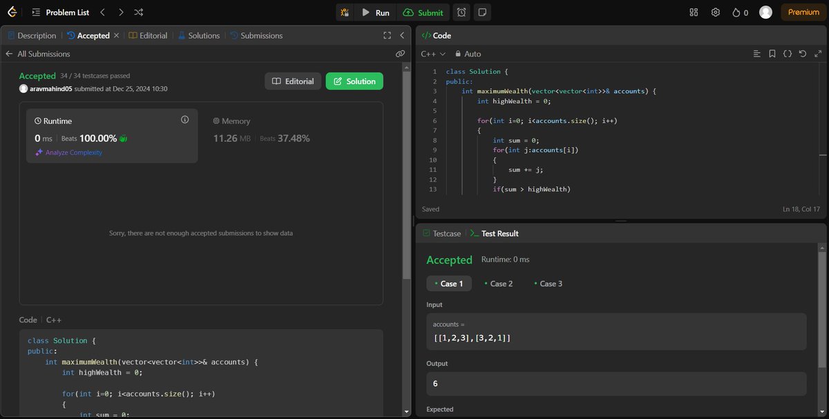 arav_mahind's tweet image. #Day14 of #30daysProductivityChallenge    
 
-- 📍Solved array related question  
-- 💻Leetcode  
     - 1672. Richest Customer Wealth

 #100DaysOfCode #buildinpublic #dsa #LeetCode
