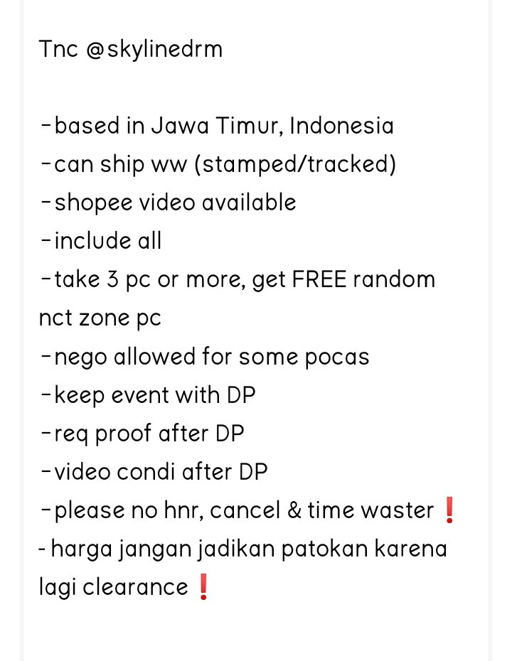 HELP RT❗ 

WTS CLEARANCE SALE PHOTOCARD &amp; MD AAB NCT!!! 

➩can ship ww
➩keep event
➩include all
➩NO CANCEL/HNR

📍 Jawa Timur, Indonesia

Please read tnc and mention after dm!
