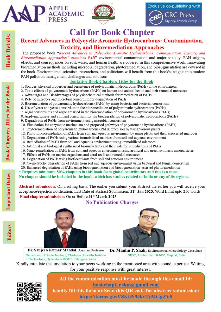 Title: Recent Advances in Polycyclic Aromatic Hydrocarbons: Contamination, Toxicity, and Bioremediation Approaches
Edited by: Dr. Sanjeeb Kumar Mandal and Dr. Maulin P. Shah
Publisher: APP (Apple Academic Press), CRC Press, Taylor and Francis Group 
#books #bookchapters