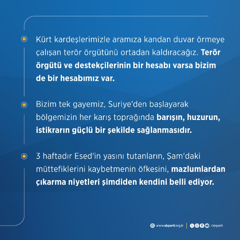 Akparti's tweet photo. Genel Başkanımız ve Cumhurbaşkanımız Recep Tayyip Erdoğan’ın TBMM Grup Toplantımızda öne çıkan açıklamaları.