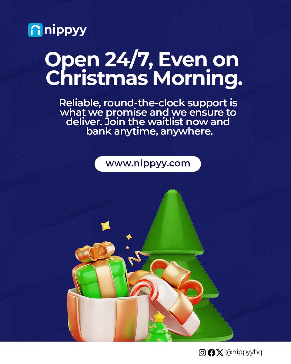 nippyyverse's tweet image. Open 24/7, Even on Christmas Morning.
Banking emergencies don’t take a break, and neither do we.
Even when the whole world takes a break, Nippyy is always open to serve you.
Reliable, round-the-clock support is what we promise, and we ensure to deliver.
Join the waitlist.