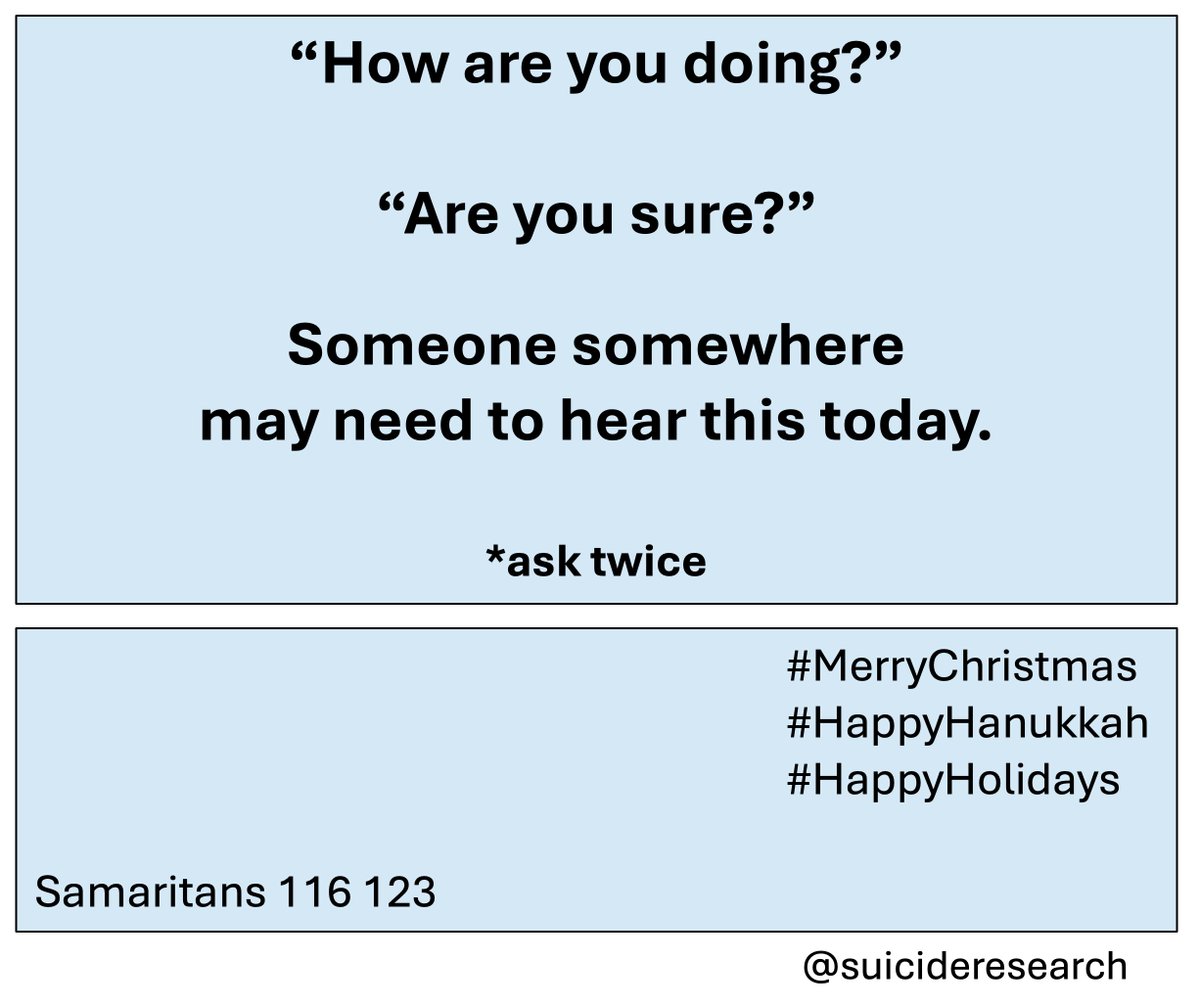 “How are you doing?”

“Are you sure?”

Someone somewhere may need to hear this today.

*ask twice

#MerryChristmas  #HappyHanukkah  #HappyHolidays

Samaritans 116 123