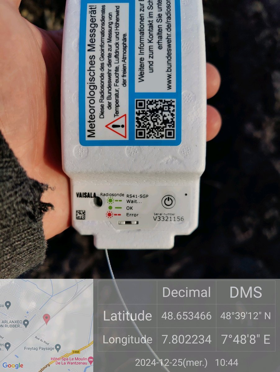 f1tke's tweet photo. RS de Noël
Number : V3321156
Launch Site : Idar-Oberstein (DE)
Type: RS41
Date Of Manufacture: 2023-08-15
Frequency: 402.70 MHz
Max Speed: 228 km/h at 33236 m
Average Speed : 83.20 km/h
Max Altitude: 33800 m
Average Ascent Speed : 4.84 m/s
Average Descent Speed : 9.91 m/s https://t.co/vPmU6lErg8
