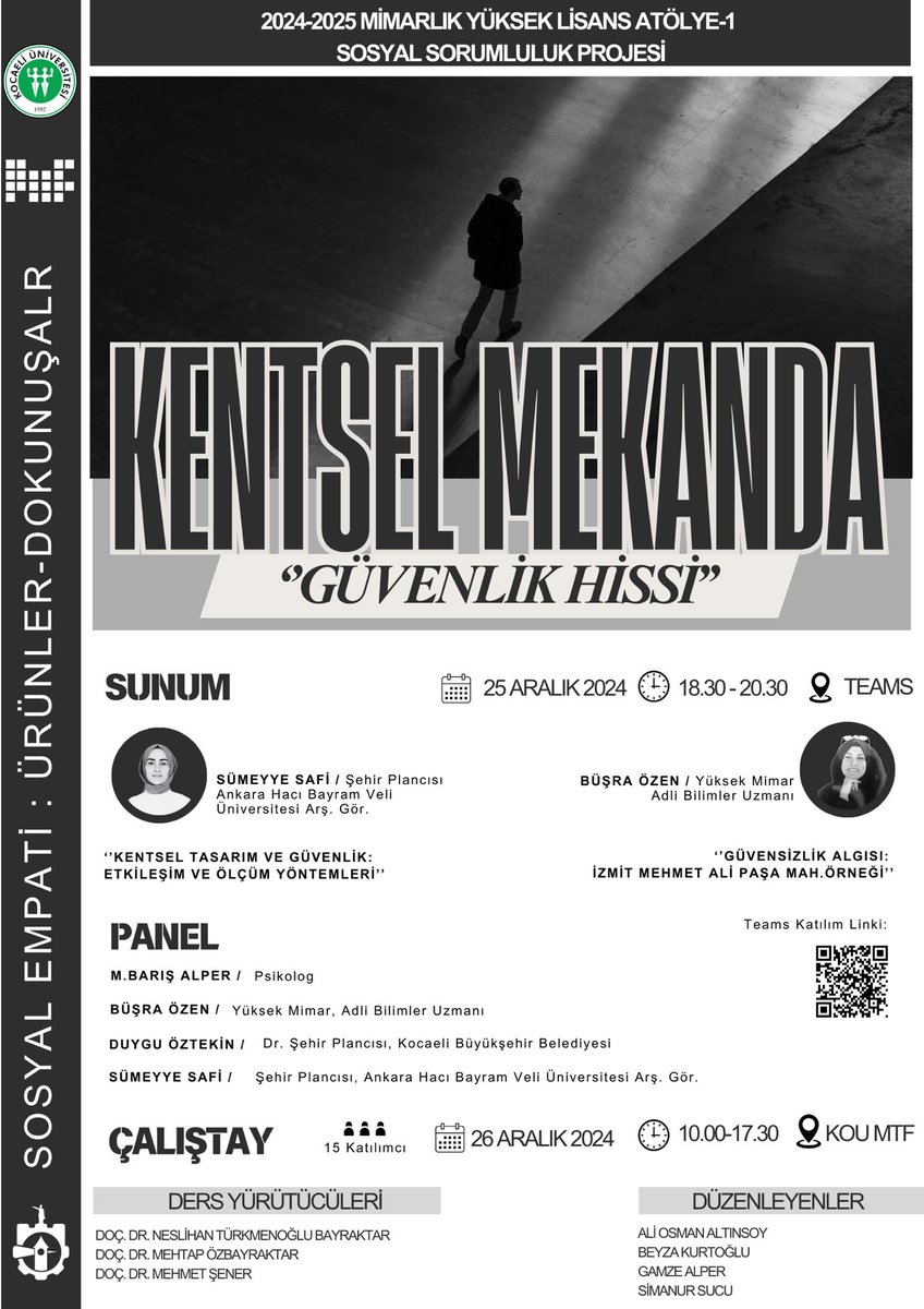 Bu akşam Kocaeli Üniversitesi Mimarlık Fakültesi'nde, Mimarlık bölümü yüksek lisans öğrencilerinin hazırladığı online panelde buluşuyoruz. "Kentsel Tasarım ve Güvenlik: Etkileşim ve Ölçüm Yöntemleri" başlıklı sunumumla panelde olacağım, beklerim.