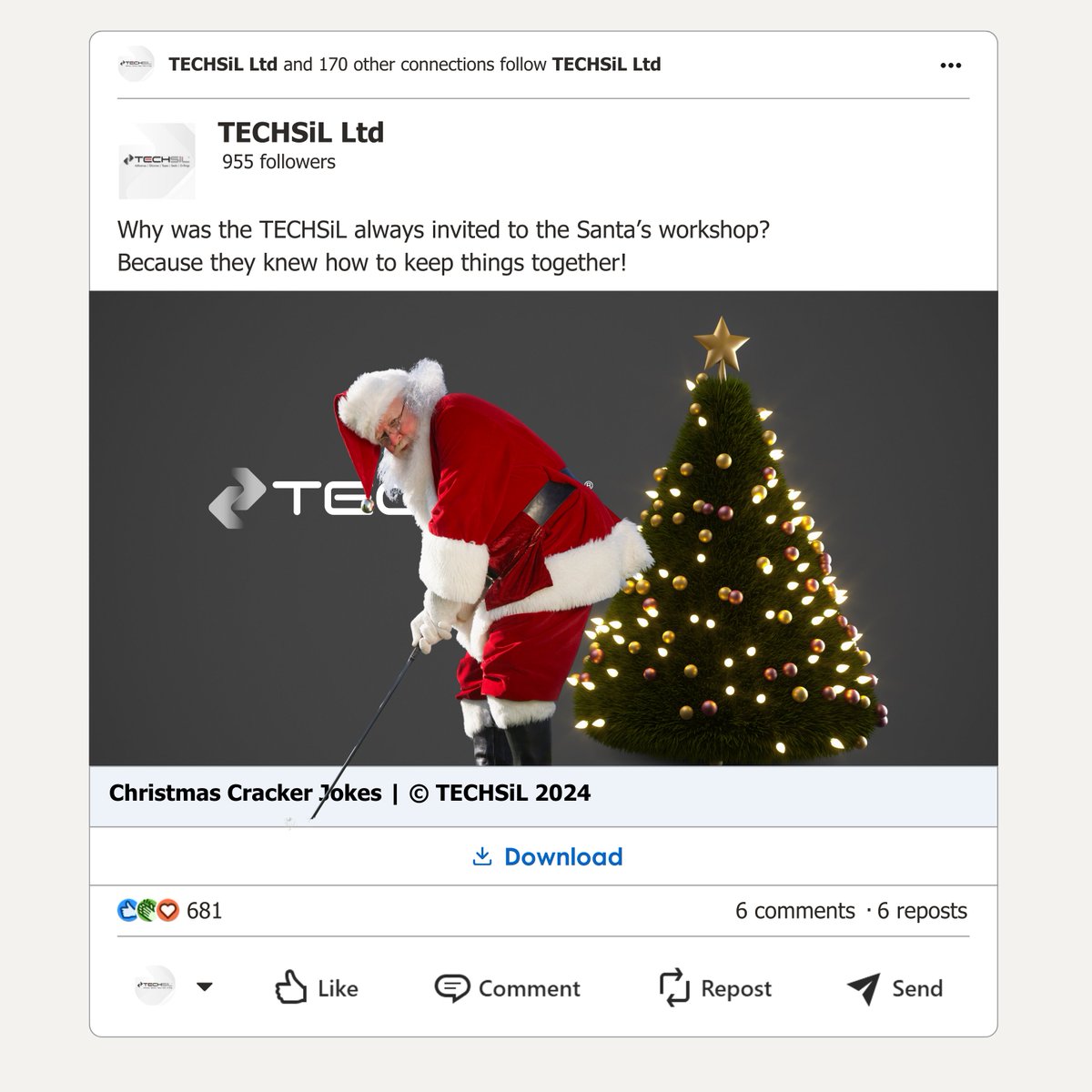 Techsil's tweet image. Why was the TECHSiL always invited to the Santa’s workshop?
Because they knew how to keep things together!
🌐techsil.co.uk
#christmacountdown #TECHSiL #christmasjokes