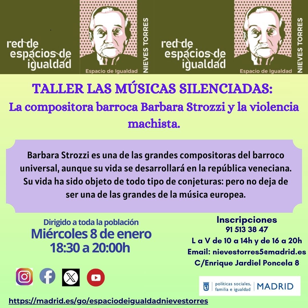 Este taller sobre las músicas silenciadas, está a cargo de Marisa Manchado recien flamante Premio Nacional de Música 2024 quien nos presenta a la compositora barroca Barbara Strozzi.
Será el miércoles 8 de enero a las 18:30h. Es una oportunidad única
Necesaria inscripción previa