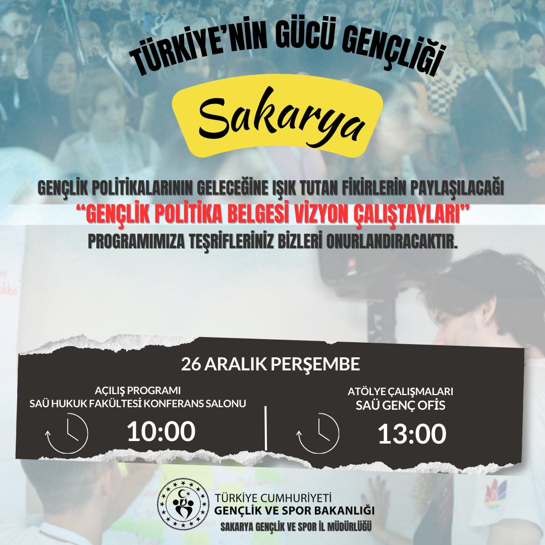 "Politika Başlıkları ve Daha Fazlası: Siz De Çözümün Bir Parçası Olun"

🎉 Açılış

🗓 Tarih: 26 Aralık Perşembe  
📍 Yer: SAÜ Hukuk Fakültesi Konferans Salonu  
🕐 Saat: 10:00  

🔖 Atölye Çalışmaları

📍 Yer: SAÜ Genç Ofis  
🕐 Saat: 13:00  

Tüm gençlerimizi bekliyoruz...