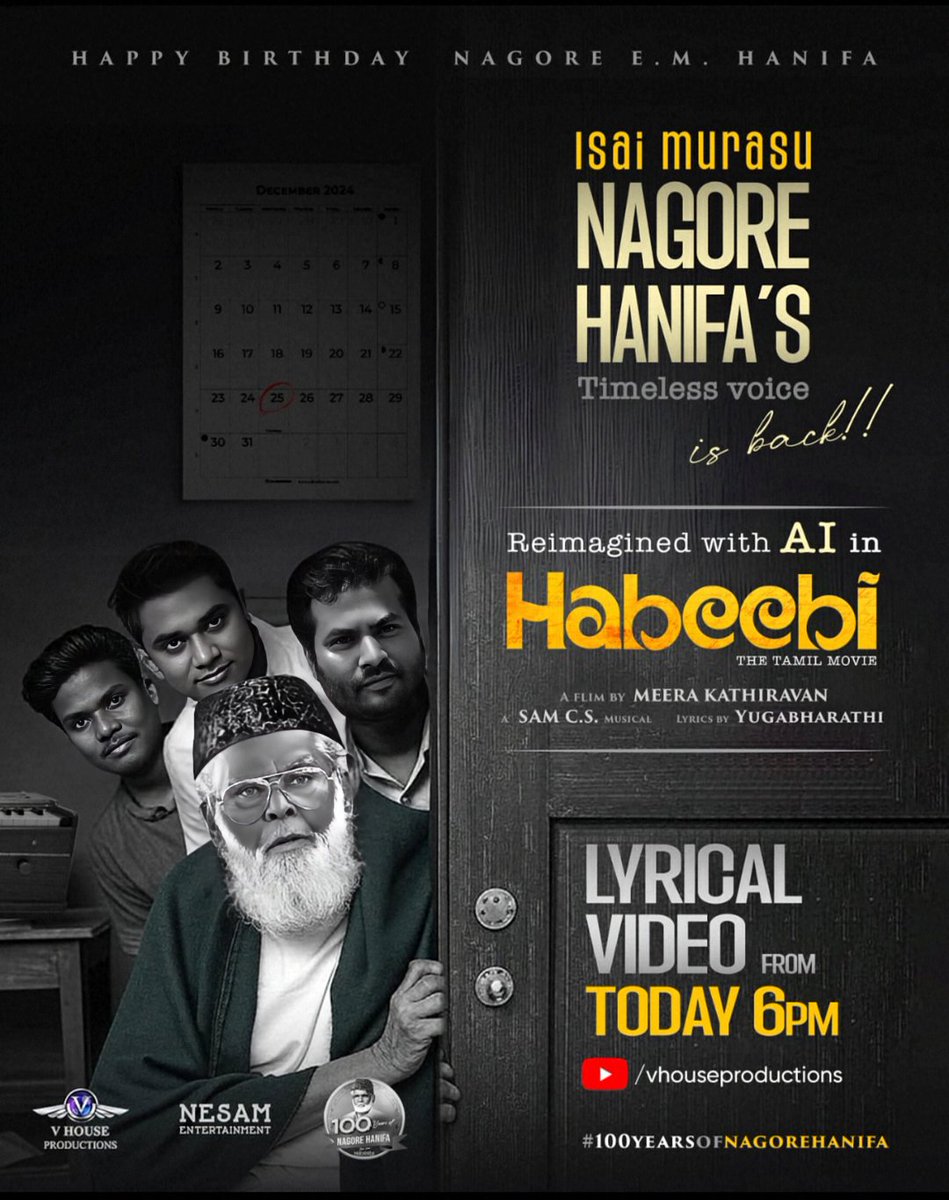 Esha M (@esha_actor) on Twitter photo On the occasion of celebrating the 100th year of Nagore Hanifa, we present you our song reimagined with AI with the legendary voice of Nagore Hanifa. 6 pm today, stay tuned. #100yearsofnagorehanifa
<a href="/meerafilmdr/">Meera Kathiravan</a>
<a href="/sureshkamatchi/">sureshkamatchi</a>
<a href="/vhouseofficial/">V House Productions</a>
<a href="/SamCSmusic/">𝐒𝐀𝐌 𝐂 𝐒</a>
<a href="/YugabhaarathiYb/">Yugabharathi</a> On the occasion of celebrating the 100th year of Nagore Hanifa, we present you our song reimagined with AI with the legendary voice of Nagore Hanifa. 6 pm today, stay tuned. #100yearsofnagorehanifa
<a href="/meerafilmdr/">Meera Kathiravan</a>
<a href="/sureshkamatchi/">sureshkamatchi</a>
<a href="/vhouseofficial/">V House Productions</a>
<a href="/SamCSmusic/">𝐒𝐀𝐌 𝐂 𝐒</a>
<a href="/YugabhaarathiYb/">Yugabharathi</a>