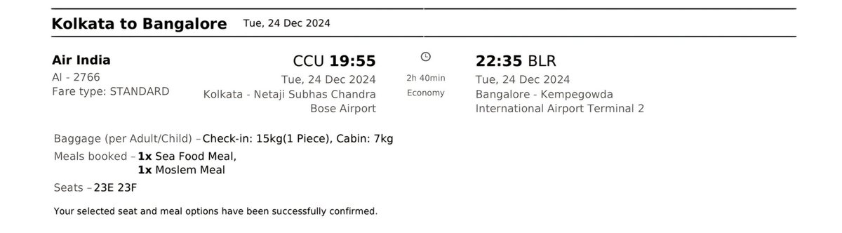 Arka_Deep_31's tweet photo. @Cleartrip I just received a reply from Air India stating that I had booked only one meal whereas my Cleartrip booking clearly shows 2 pre booked meals. This is idiotic and i want a resolution ASAP. https://t.co/BftseJ6AY4