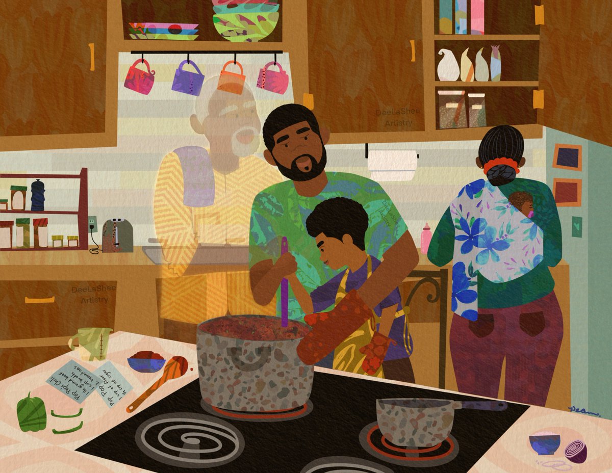 DeeLaSheeArt's tweet photo. I appreciate Black fathers & they show up in my art which is vast & full of love for Black ppl. My dad was murdered when I was 3, so I didn’t get to build a life full of memories with him, but throughout my art you can see my grandfather, who passed last year, my uncles, and my male cousins represented & celebrated.