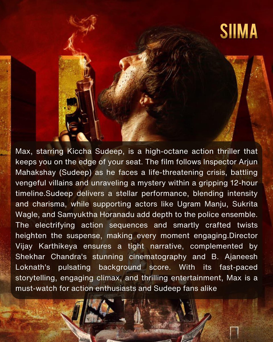 Max The Movie Review 🎞️ 🎥 

Max, starring Kiccha Sudeep, is a high-octane action thriller that keeps you on the edge of your seat. The film follows Inspector Arjun Mahakshay (Sudeep) as he faces a life-threatening crisis, battling vengeful villains and unraveling a mystery