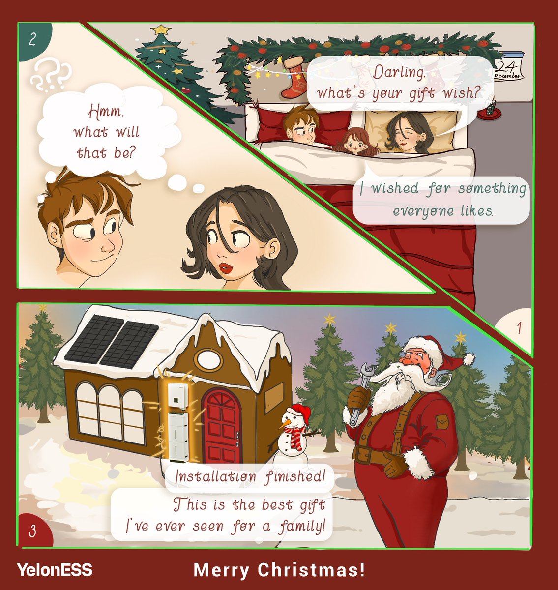 Yeloness's tweet photo. What’s the best gift 🎁you can think of for your family?
🫎 🛷Check the YelonESS three-panel comics~
🎄🎄On this very special day, YelonESS hopes the new year brings you even more happiness, health, success and ENERGY ⚡️ 💪🏻!
Wish you a Merry Christmas 🎅 and a SUNNY ☀️ New Year！ https://t.co/qr5v6mewcs
